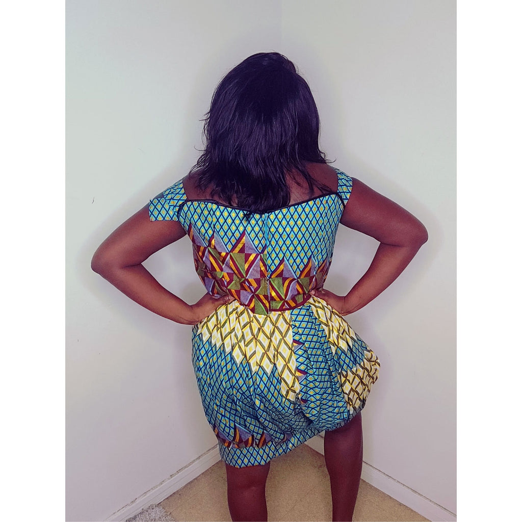 Robe Courte Boule en Wax - Graphisme Turquoise & Jaune Soleil