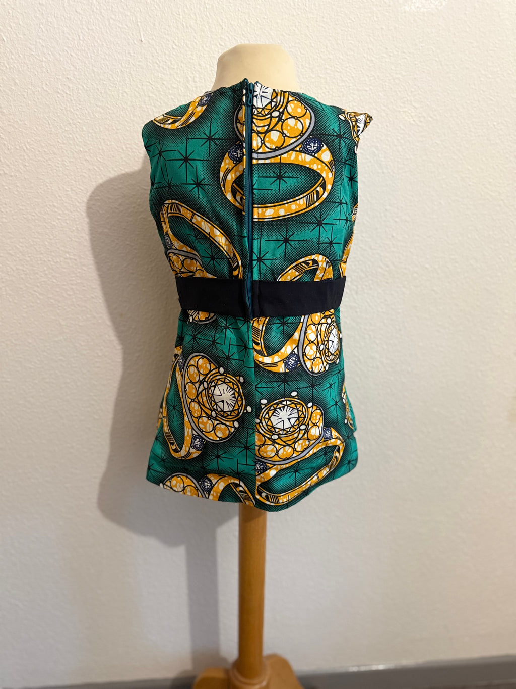 Robe de Cérémonie Enfant en Wax - Émeraude & Motifs Bijoux Dorés