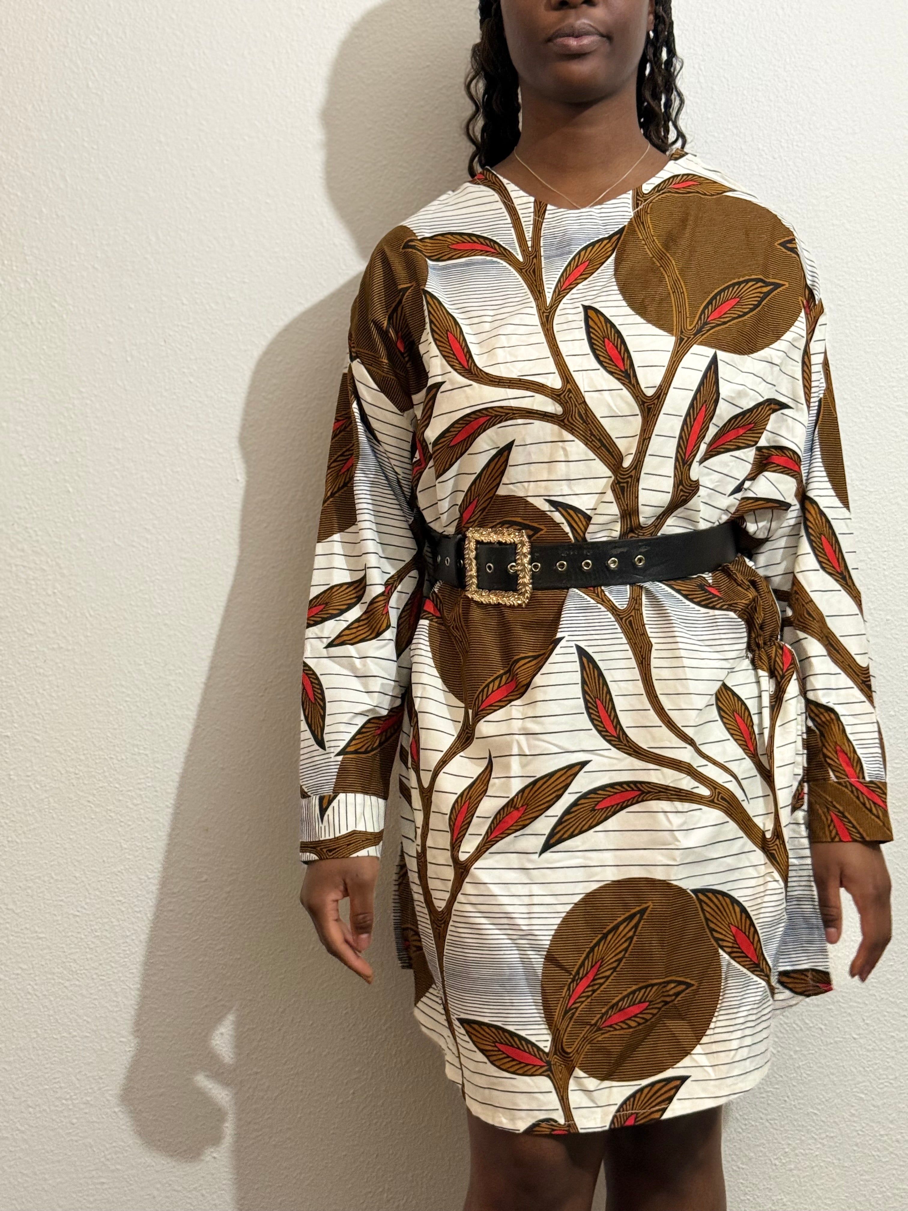 Robe Oversize Mi-Longue Tissu Wax Motifs Arbre Marron - Taille Unique