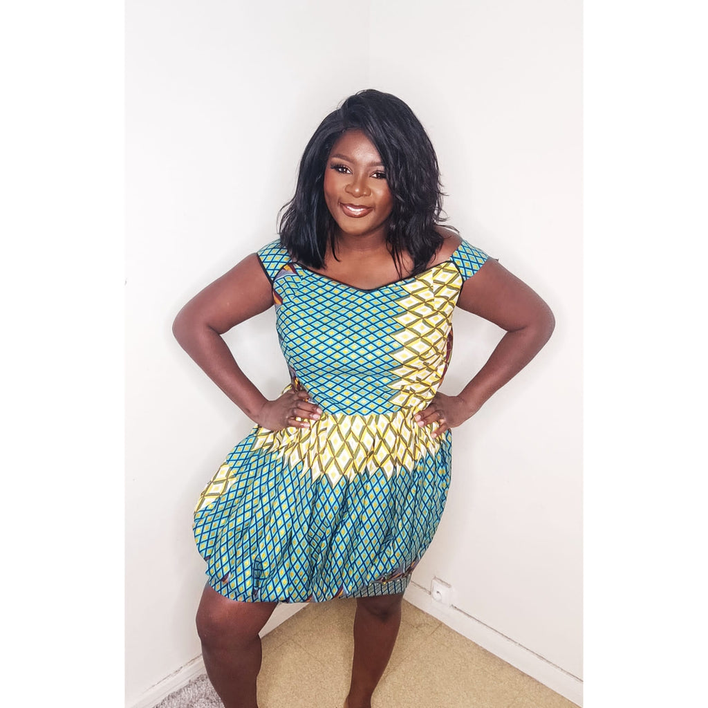 Robe Courte Boule en Wax - Graphisme Turquoise & Jaune Soleil