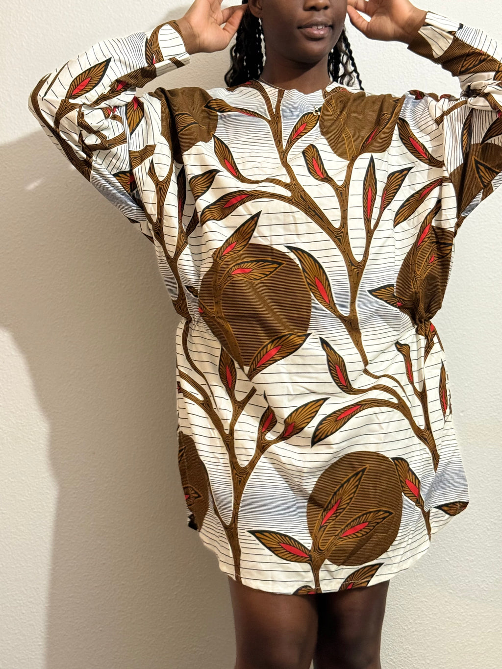 Robe Oversize Mi-Longue Tissu Wax Motifs Arbre Marron - Taille Unique