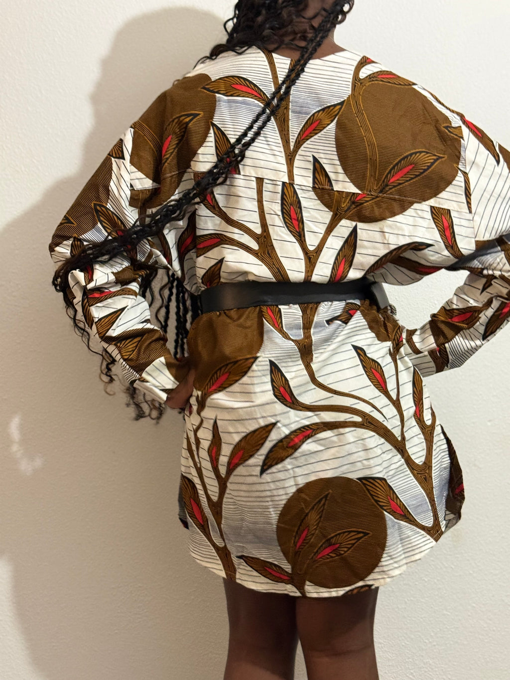Robe Oversize Mi-Longue Tissu Wax Motifs Arbre Marron - Taille Unique