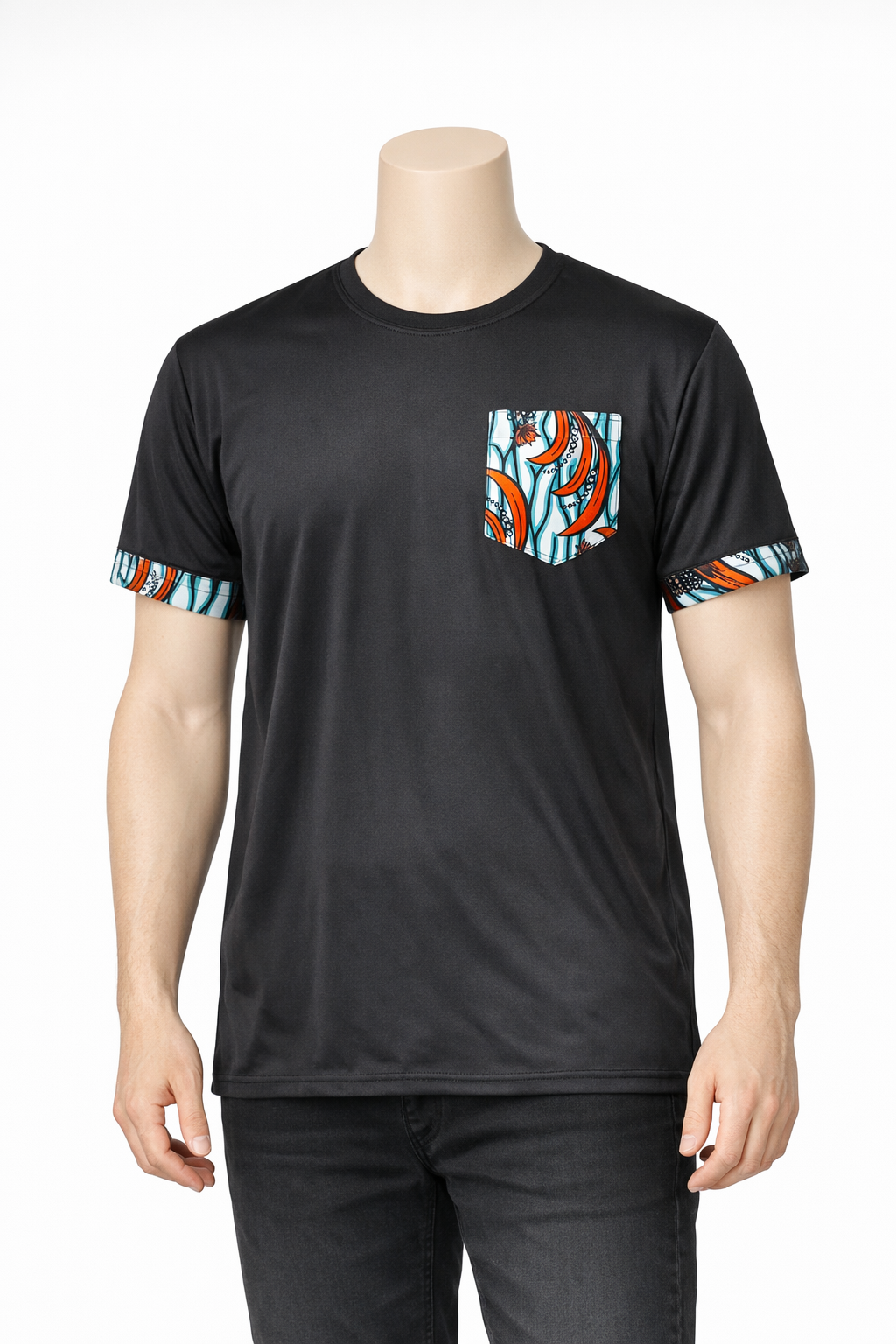 T-shirt Noir Minimaliste - Poche et Revers en Wax Graphique