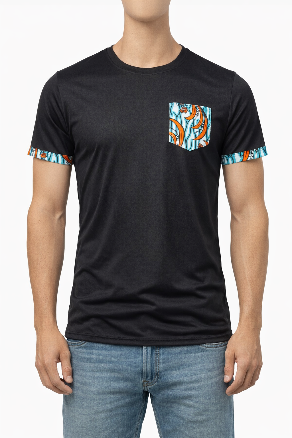T-shirt Noir Minimaliste - Poche et Revers en Wax Graphique