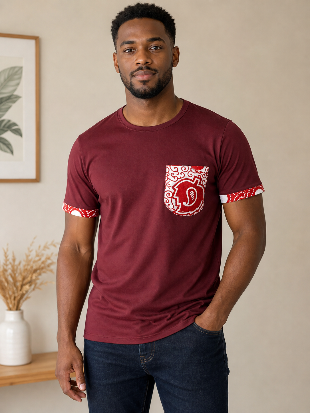 T-shirt Homme - Bordeaux & Poche Graphique Wax