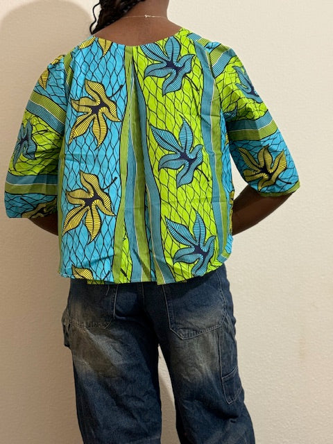 Haut Fluide en Wax - Motif Feuilles d'Été Émeraude & Turquoise