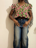 Crop Top Évasé en Wax - Imprimé Floral Rose & Vert
