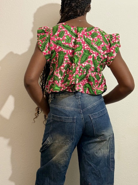 Crop Top Évasé en Wax - Imprimé Floral Rose & Vert