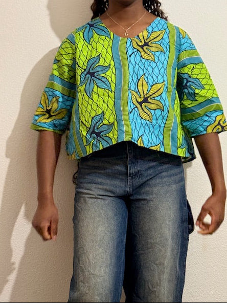 Haut Fluide en Wax - Motif Feuilles d'Été Émeraude & Turquoise