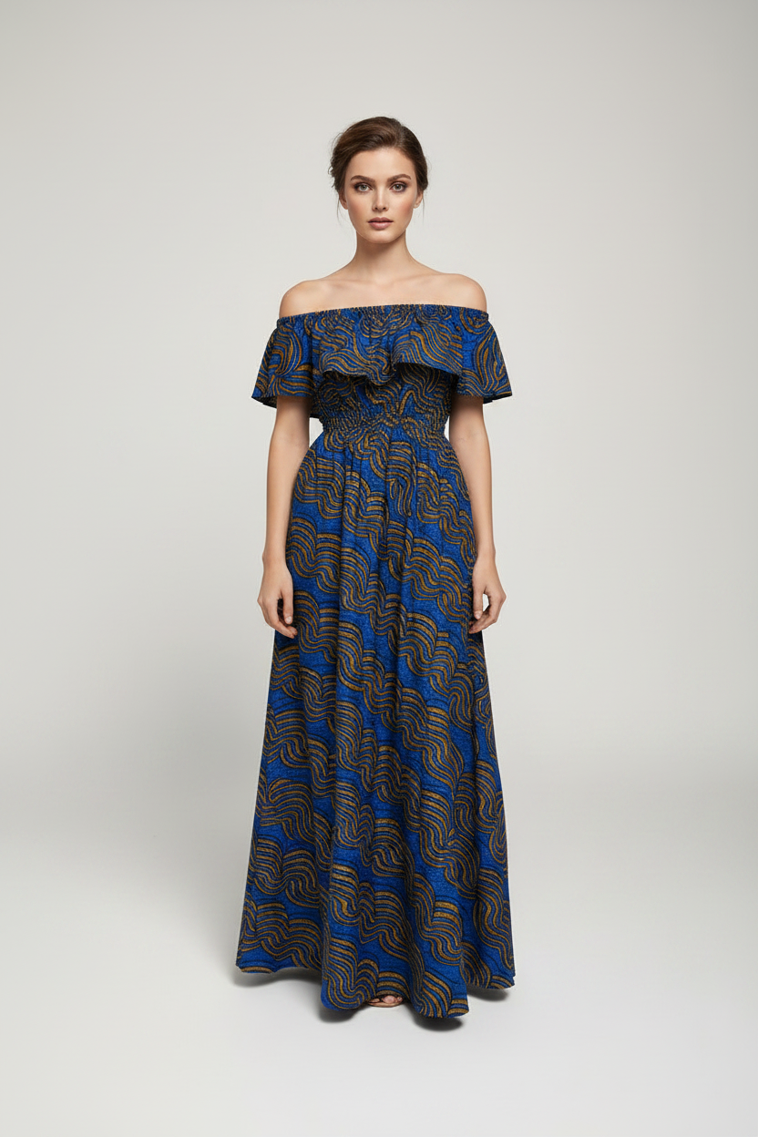 Robe longue bardot wax motifs bleu marron jaune - mannequin debout