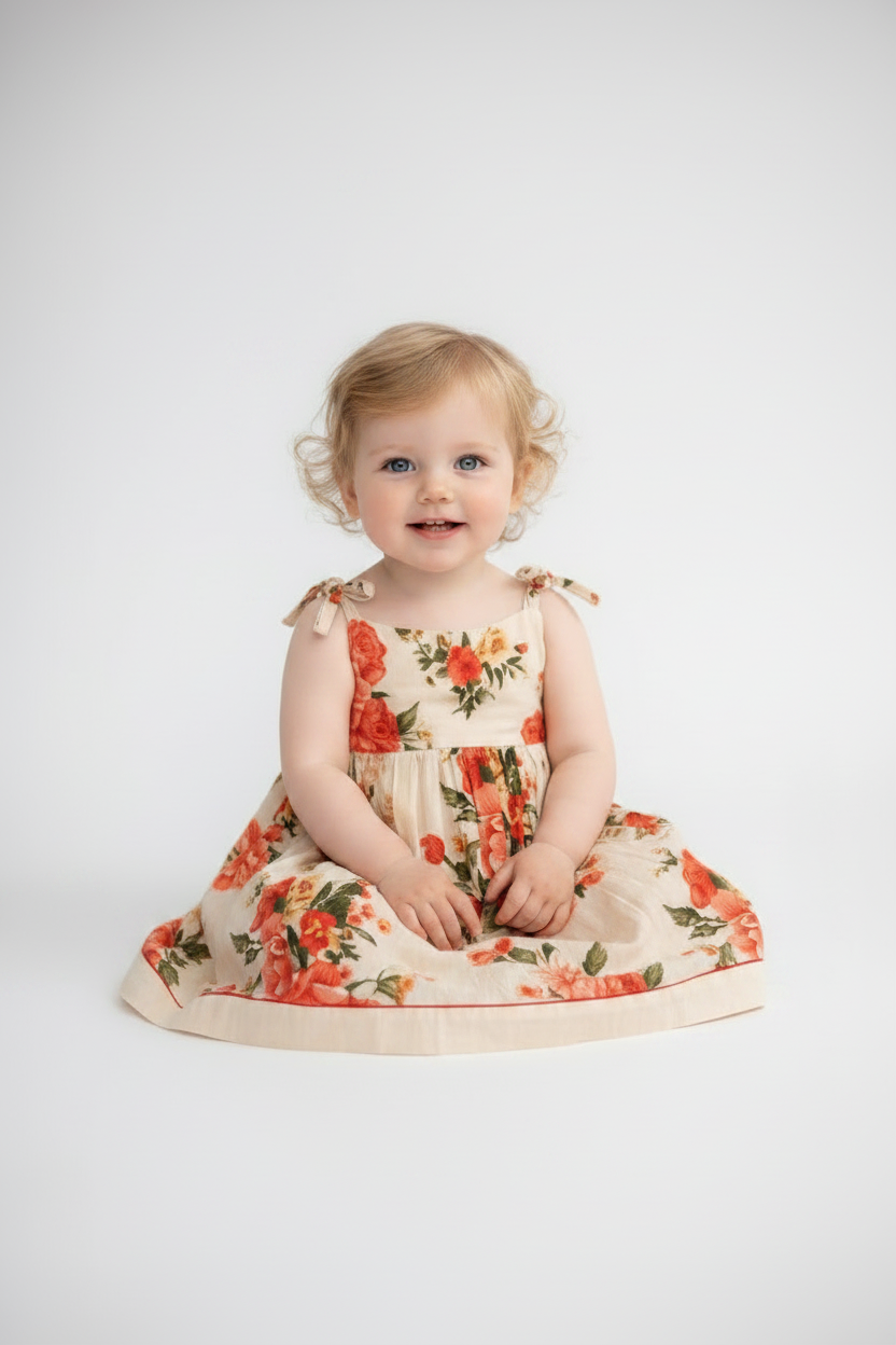 Robe bébé tissu turc fleuri – fillette assise – JLGC-COUTURE