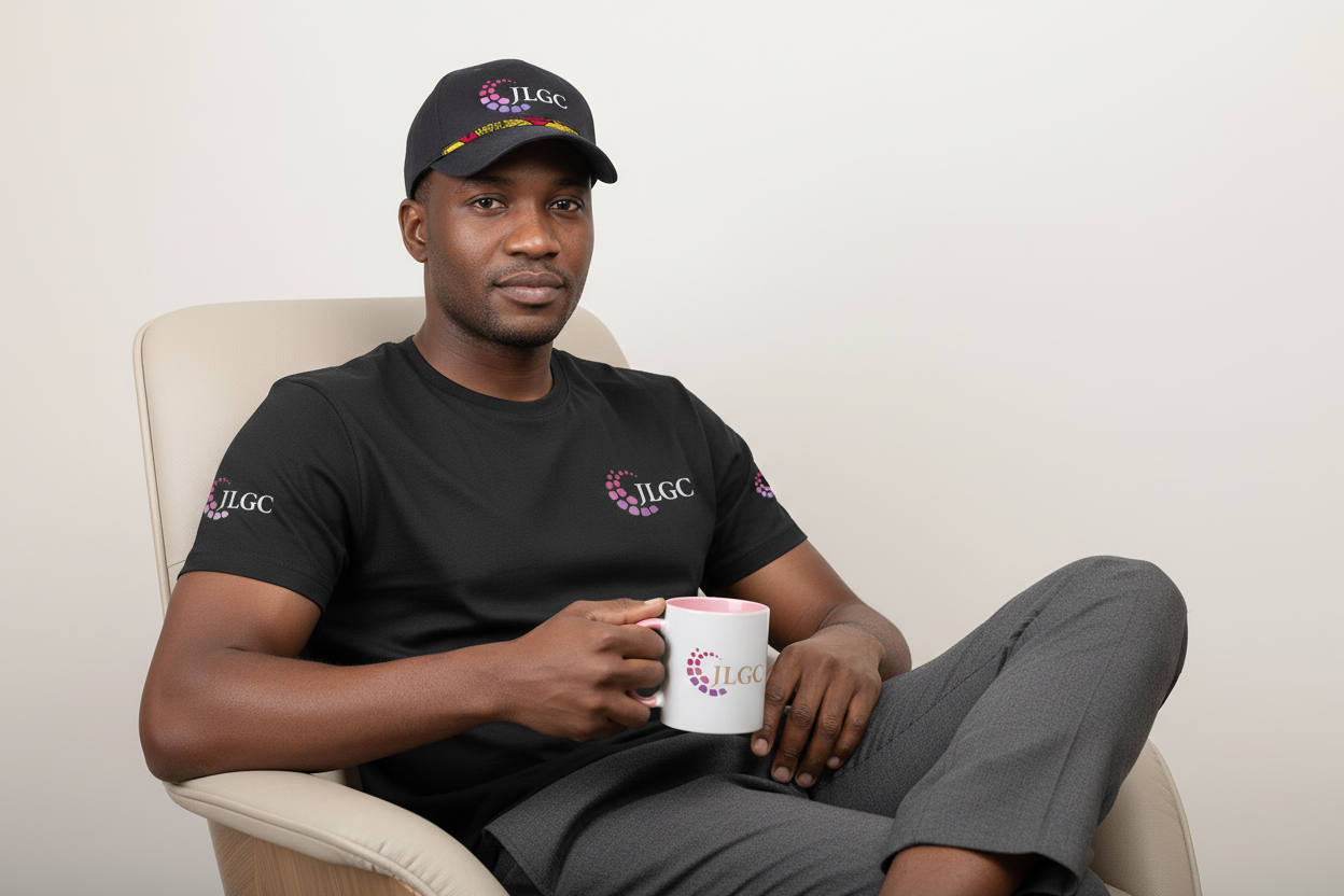 Homme portant la casquette noire wax, t-shirt noir et mug blanc JLGC